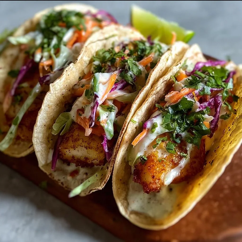 Delicious cod fish tacos topped with fresh ingredients on a serving plate