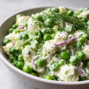 Creamy pea salad with fresh peas, herbs, and a creamy dressing in a bowl