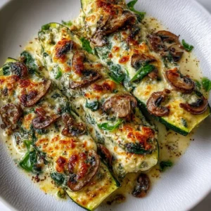 Creamy ricotta-stuffed zucchini with spinach and mushrooms served on a plate