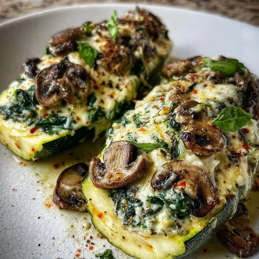 Creamy Ricotta-Stuffed Zucchini with Spinach and Mushrooms