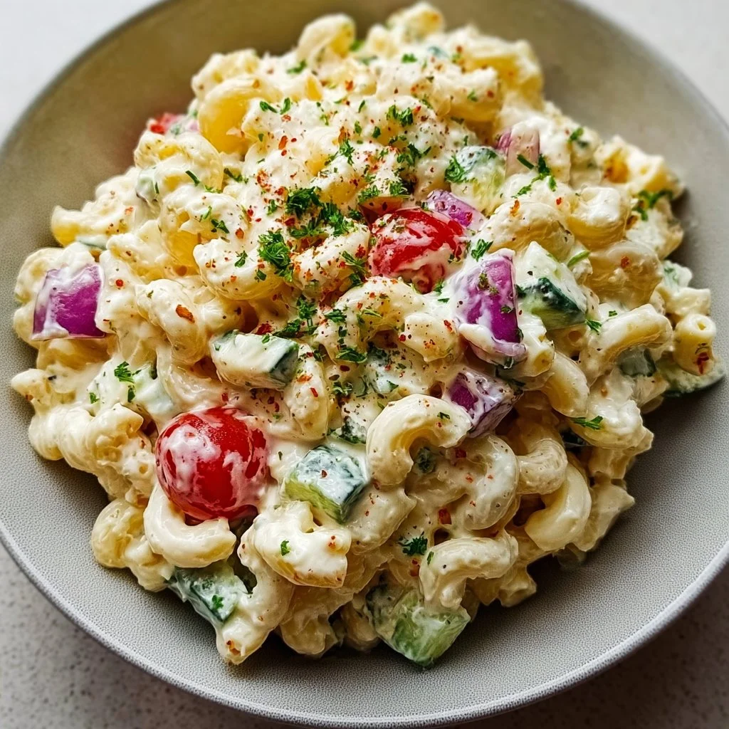 Creamy zesty Mediterranean macaroni salad in a bowl with colorful ingredients