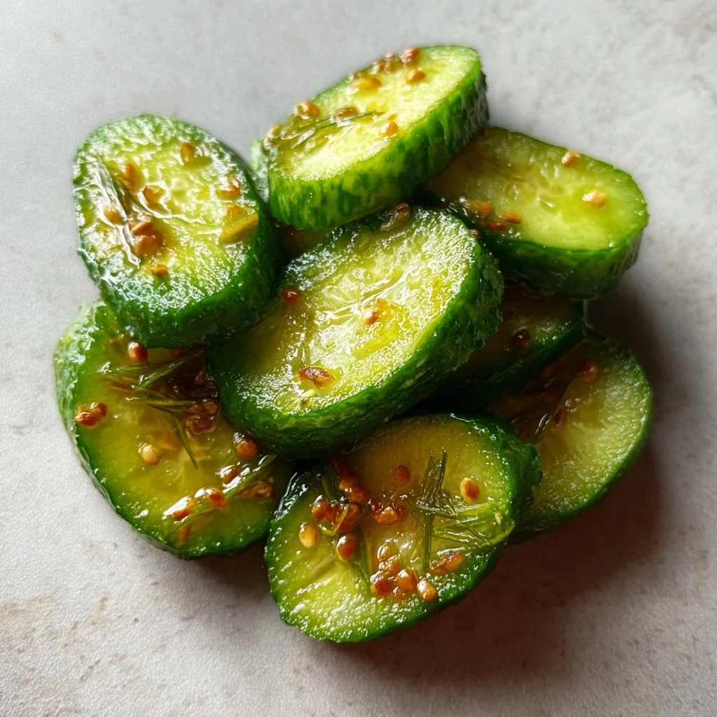 Crispy tangy pickled cucumber snack ready to be enjoyed