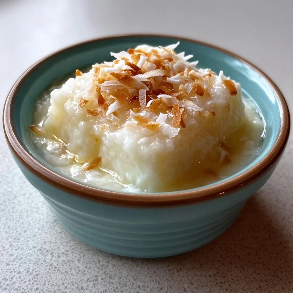 Haupia Hawaiian Coconut Pudding served in a bowl with a tropical background