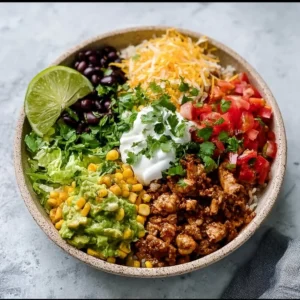 High-protein taco bowl filled with fresh ingredients and vibrant colors.