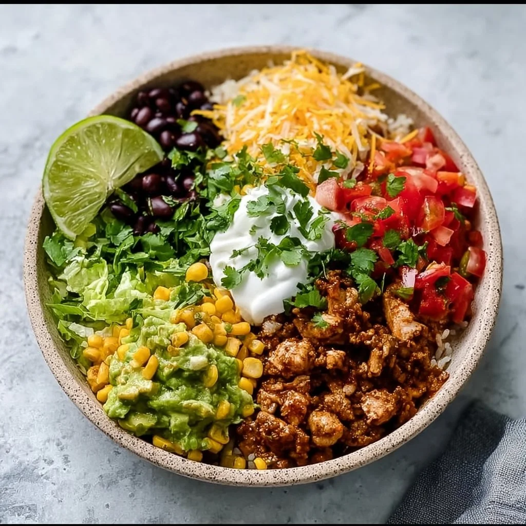 High-protein taco bowl filled with fresh ingredients and vibrant colors.