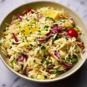 Delicious Lemon Orzo Pasta Salad with fresh herbs and vibrant vegetables