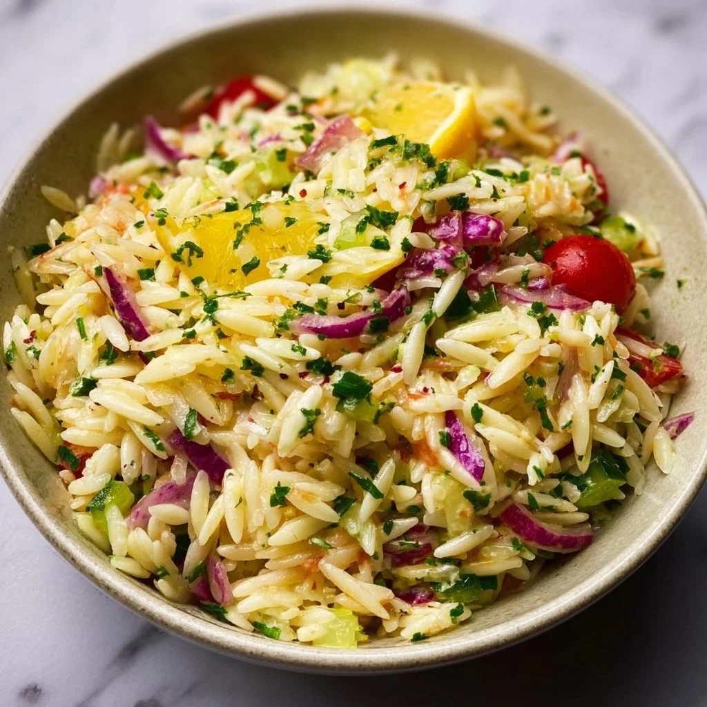Delicious Lemon Orzo Pasta Salad with fresh herbs and vibrant vegetables