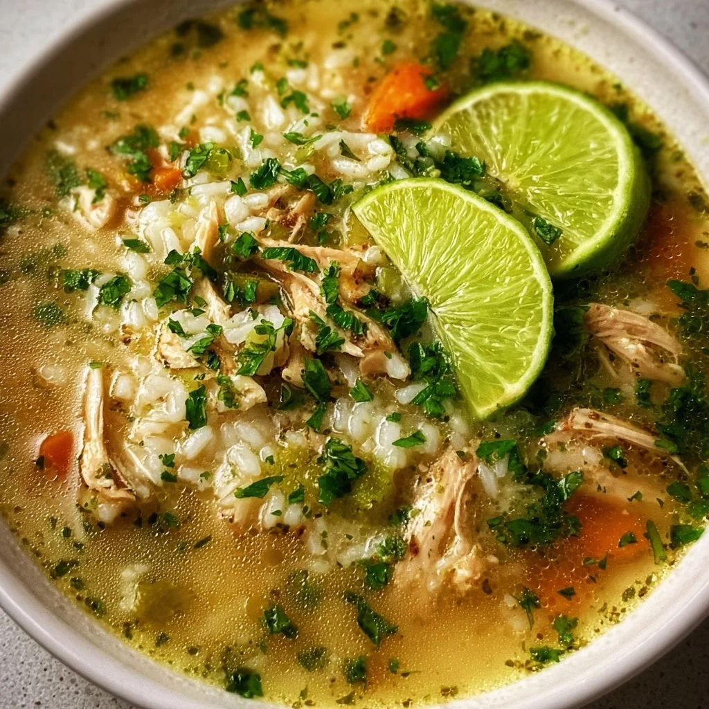 Bowl of Mexican Lime Chicken Rice Soup with fresh lime and chicken garnishes.