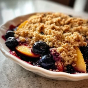 Delicious Peach Blueberry Crisp with golden topping and fresh fruit