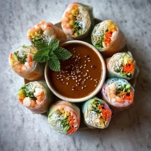 Fresh shrimp spring rolls with vegetables and herbs, served with dipping sauce.