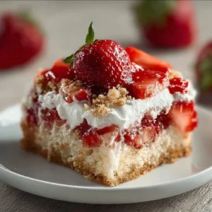 Delicious Strawberry Crunch Poke Cake with a crunchy topping and fresh strawberries