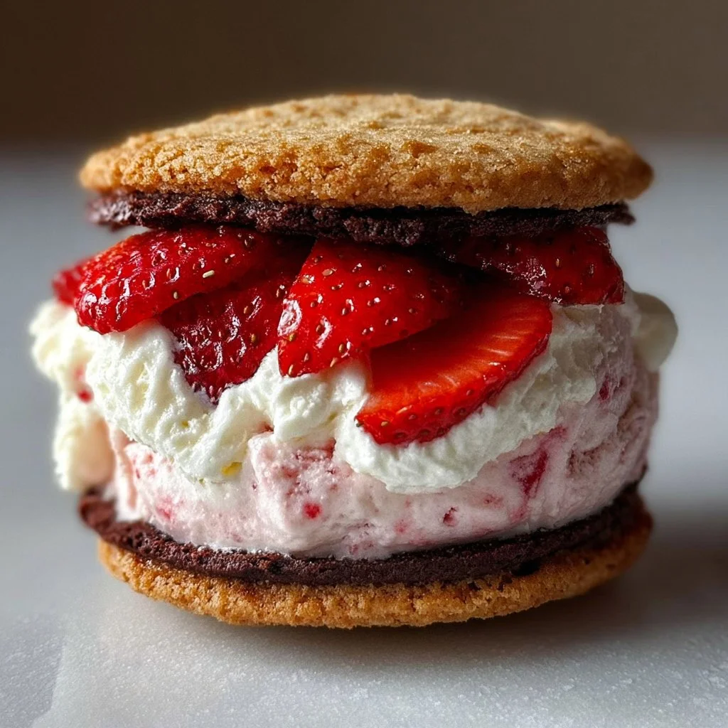 Delicious strawberry ice cream sandwich with fresh strawberries and soft cookies
