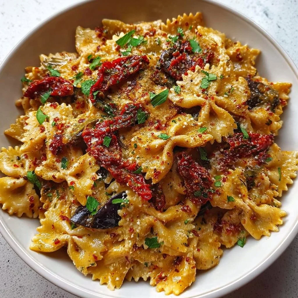Sun-Dried Tomato Eggplant Ricotta Pasta served in a bowl with fresh herbs