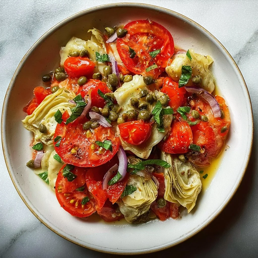 Delicious Tomato Artichoke Salad with Capers on a plate